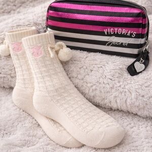 Victoria’s Secret Cosmetic Bag & Knit Logo Pom Pom Socks